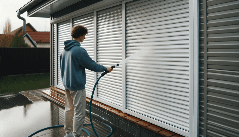person-outdoors-standing-upright-using-a-hose-to-clean-their-white-Croci-roll-down-shutters