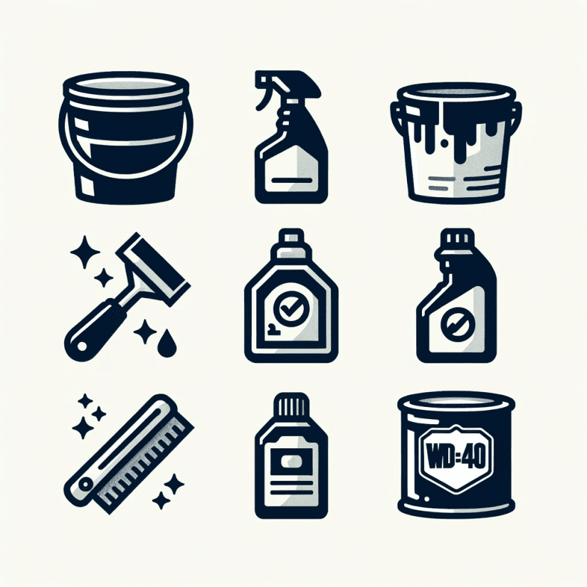 Icons of hurricane shutter maintenance tools, including shampoo and paint scrapers, illustrating proper and improper materials for maintenance.