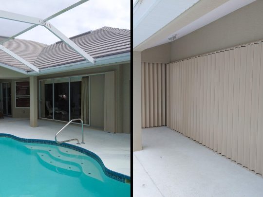 Side-by-side comparison of a pool area with accordion shutters open on the left and closed on the right, separated by a black line