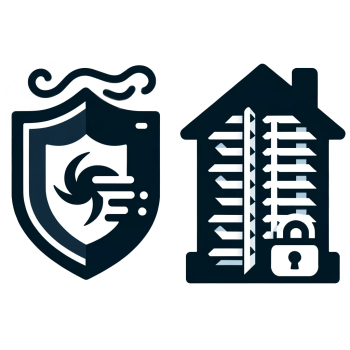 Icons that display accordion shutter hurricane protection and home safety