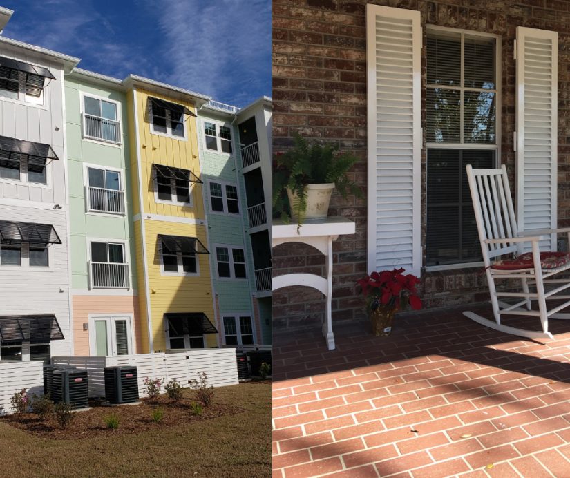 Side-by-side image showing an apartment complex with Bahama shutters on the left and a front porch of a house with white Colonial shutters on the right.