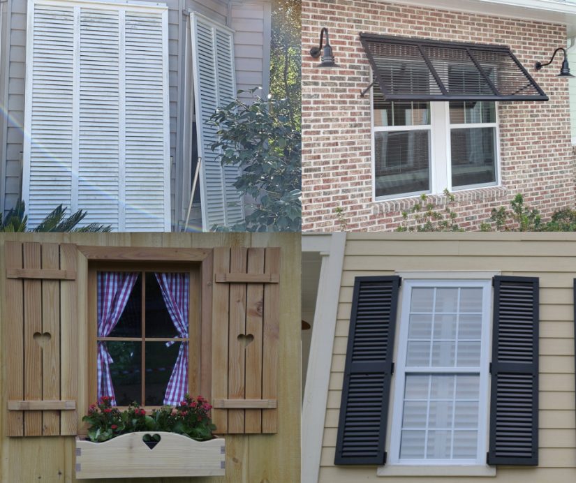 Composite image showing four types of shutters: top left is a hurricane Bahama shutter, top right is a decorative Bahama shutter with fixed blades, bottom left is a wood Colonial shutter, and bottom right is a reinforced aluminum hurricane Colonial shutter.