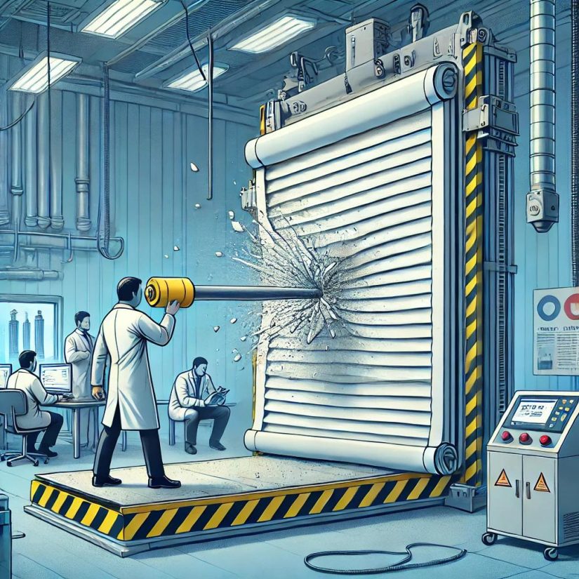 Cartoon illustration of a hurricane shutter being tested, showing the shutter being hit by a projectile in a lab setting with technicians and lab equipment in the background.